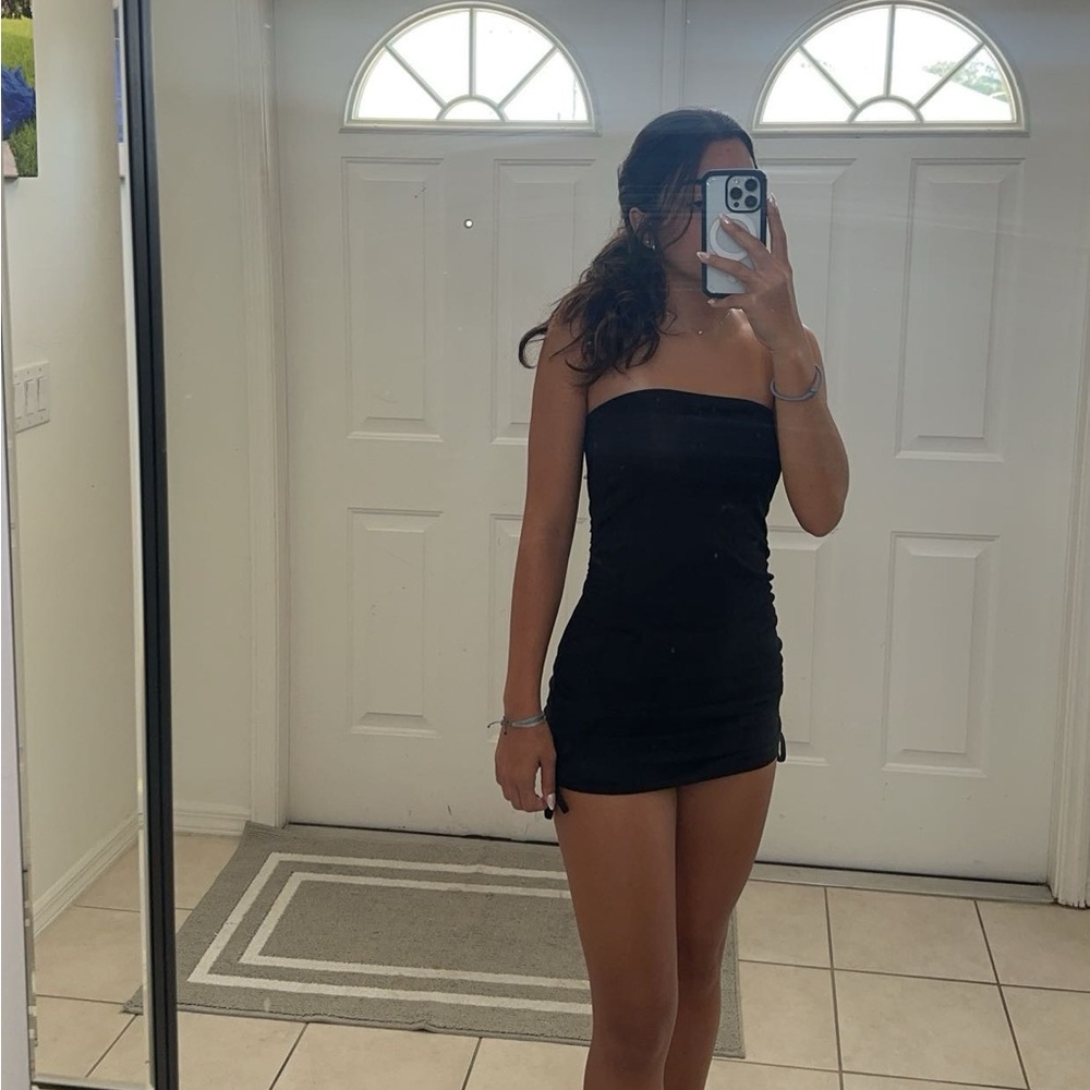 Strapless black mini dress